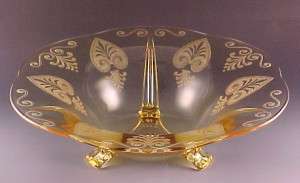 Fostoria Glass Trojan Etched Topaz Yellow 3-Toed Console Bowl