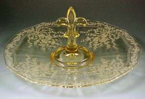 Fostoria June Etched Pattern Topaz Yellow Center Handled Server