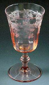 Central Glass Scott's Morning Glory Etched Vintage Pink Goblet Stemware