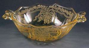 Fostoria Glass June Etched Topaz 2-Handled Bowl