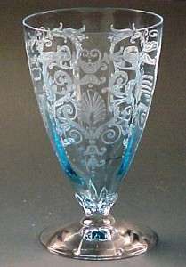 Fostoria Versailles Etched Blue Elegant Glass Footed Water Tumbler