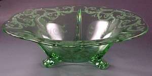 Fostoria Green Versailles Etched Elegant Glass Console Bowl