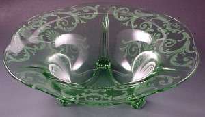 Fostoria Glass Versailles Etched Green Flared Console Bowl 