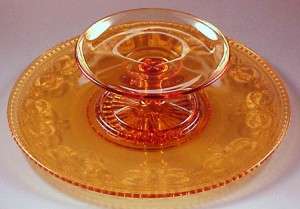 Cambridge Glass Windows Border Etched Etch 704 Amber Cheese and Cracker Set