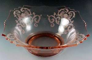 New Martinsville Square Pink Elegant Depression Glass Etched Bowl