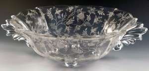 Fostoria Glass Chintz Etched Crystal 4-Toed Wing Handled Large Salad Bowl