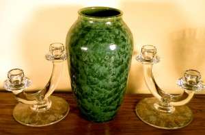 Fostoria Glass Chintz Candleholders & Dave Eickholt Green Vase