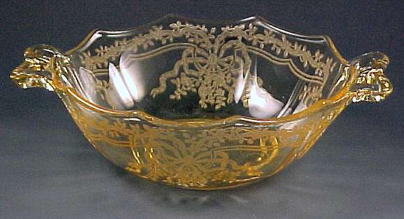 Fostoria Glass June Etched Topaz Yellow 2-Handled Bowl