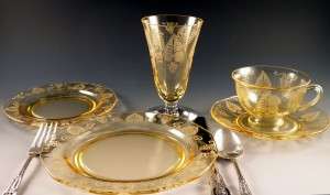 Fostoria Trojan Etched Topaz Yellow Elegant Stemware Fostoria Trojan Etched Topaz Yellow Elegant Stemware
