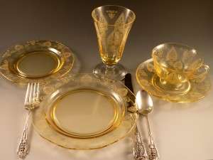 Fostoria Glass Trojan Etched Topaz Yellow Place Setting Fostoria Glass Trojan Etched Topaz Yellow Place Setting