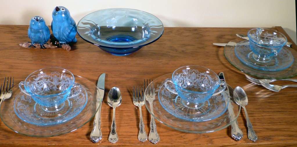 Fostoria Versailles on Crystal Plates Table Fostoria Versailles on Crystal Plates Table