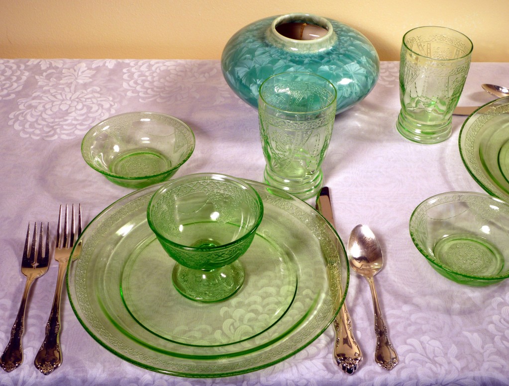 Georgian Lovebirds Green Depression Glass Georgian Lovebirds Green Depression Glass