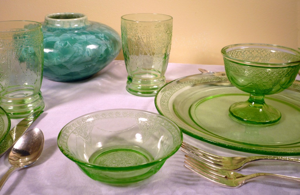 Georgian Lovebirds Green Depression Glass Close Up Georgian Lovebirds Green Depression Glass Close Up