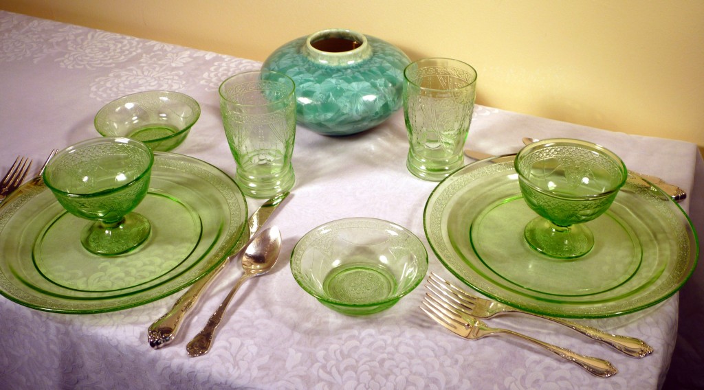 Georgian Lovebirds Green Depression Glass Two Place Settings Georgian Lovebirds Green Depression Glass Two Place Settings