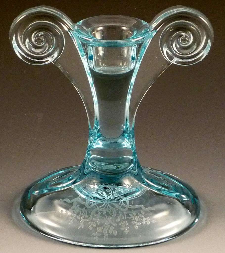 Fostoria June Etched Blue Art Deco Scroll Candle Holder Fostoria June Etched Blue Art Deco Scroll Candle Holder