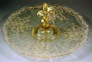 Fostoria Glass June Etched Topaz Yellow Center Handled Server Fostoria Glass June Etched Topaz Yellow Center Handled Server