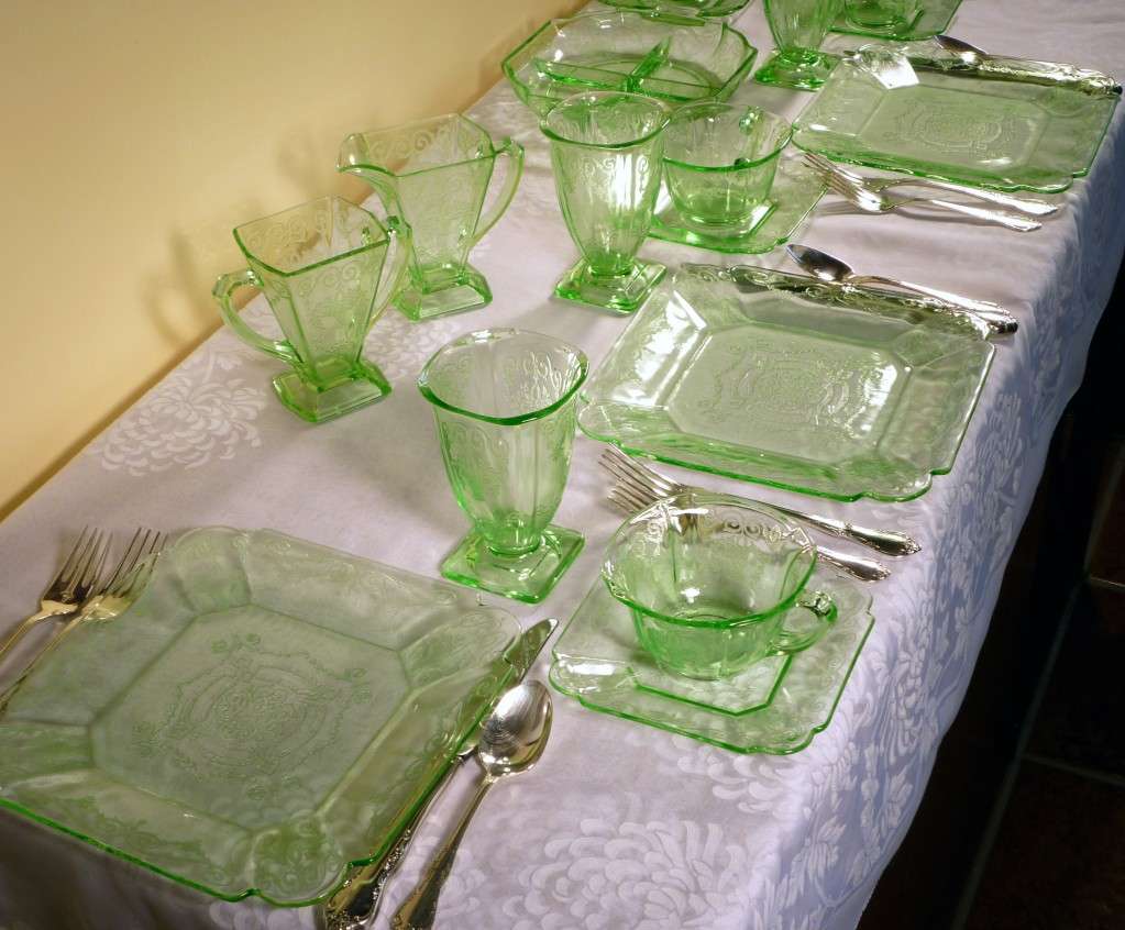 A Tisket A Tasket Green Baskets and Flowers Lorain Depression Glass