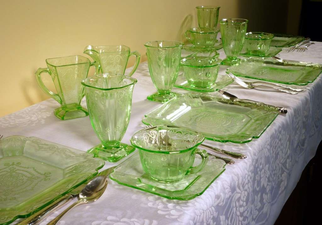 Lorain Basket Etched Green Depression Glass