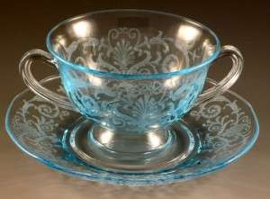 Fostoria Glass Versailles Etched Blue Bouillon Bowl & Saucer