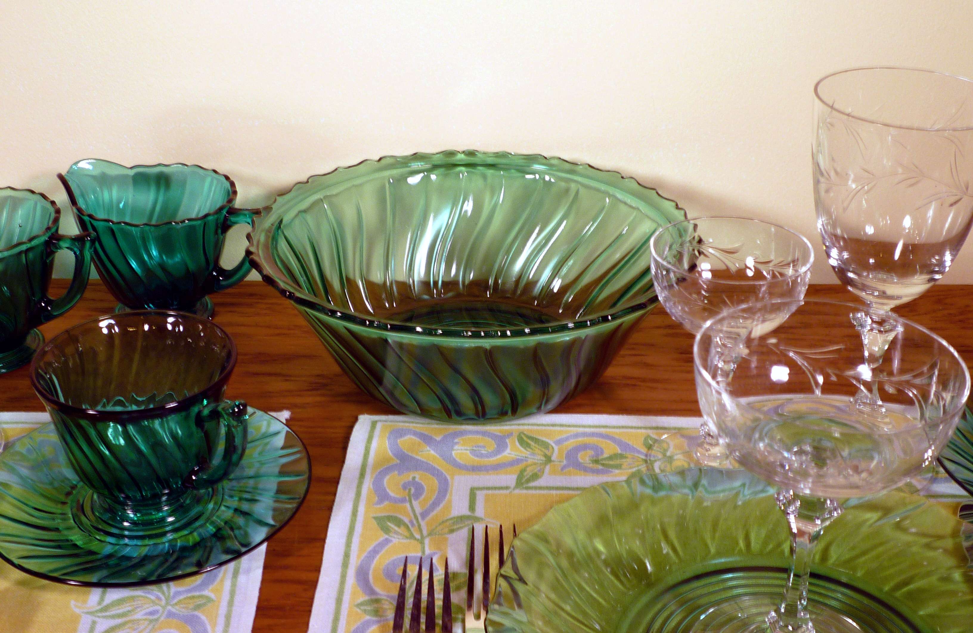 Jeannette Petal Swirl and Tiffin Dolores Cut Crystal Vintage Stemware Petal Swirl Ultramarine Depression Glass & Tiffin Dolores Stemware