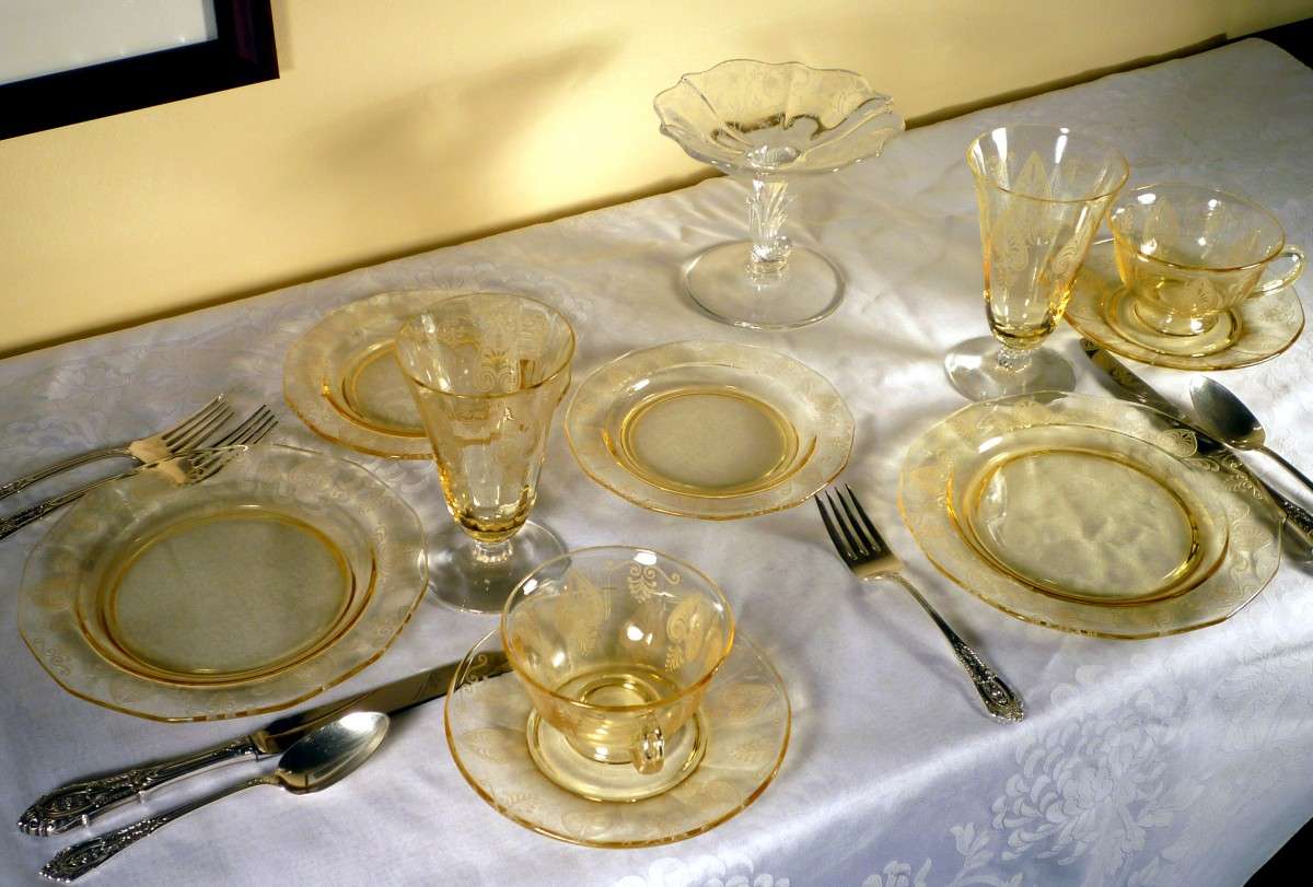 Fostoria Glass Trojan Etched Topaz Yellow Luncheon Fostoria Glass Trojan Etched Topaz Yellow Luncheon