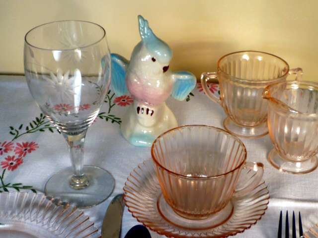 Petalware Pink Depression Glass & Retro Bird Tablescape Petalware Pink Depression Glass & Retro Bird Tablescape