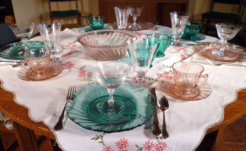 Swirl Ultramarine and Pink Depression Glass Fostoria Lido Etched Stemware