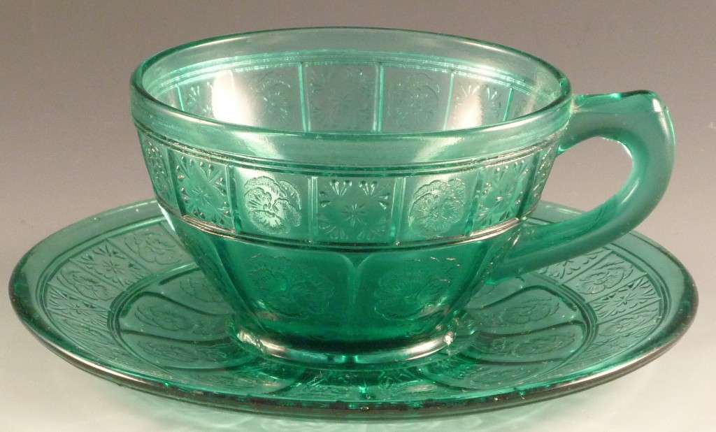 Doric and Pansy Utramarine Cup and Saucer Teal Depression Glass