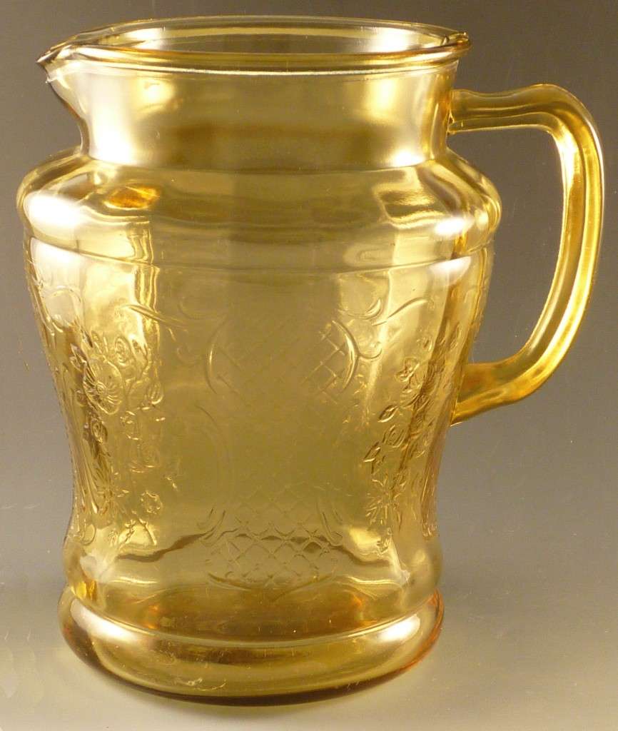 Normandie Amber Depression Glass Pitcher Bouquet and Lattice