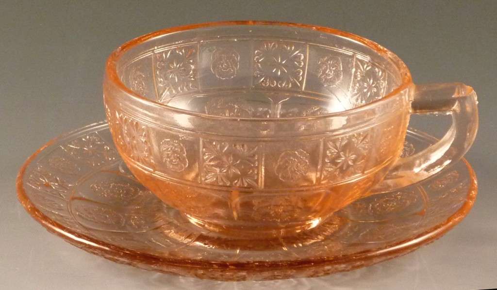 Pretty Polly Pink Cup and Saucer Doric and Pansy Pink Depression Glass
