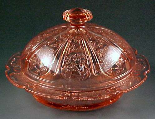 Jeannette Gass Cherry Blossom Pink Depression Glass Butter Dish with Lid.