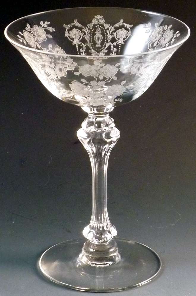 Tiffin Glass Company Cherokee etch Rose tall martini saucer champagne sherbet 