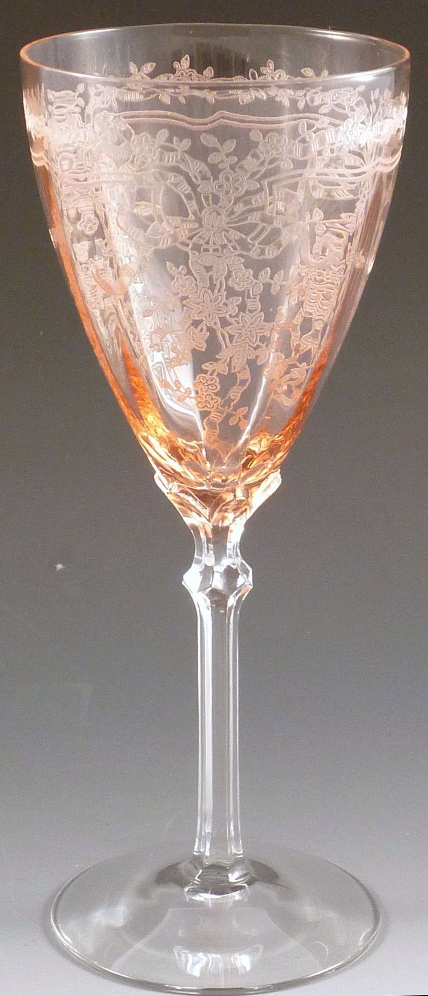 Set of TWO Fostoria Pink June Etch Tall Champagne Goblets 
