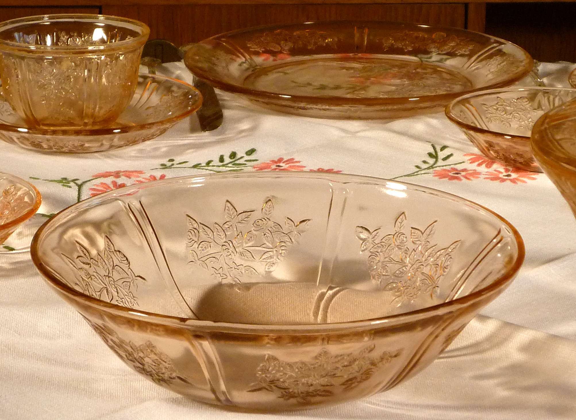 Sharon Cabbage Rose Pink Depression Glass Tablescape Thursday