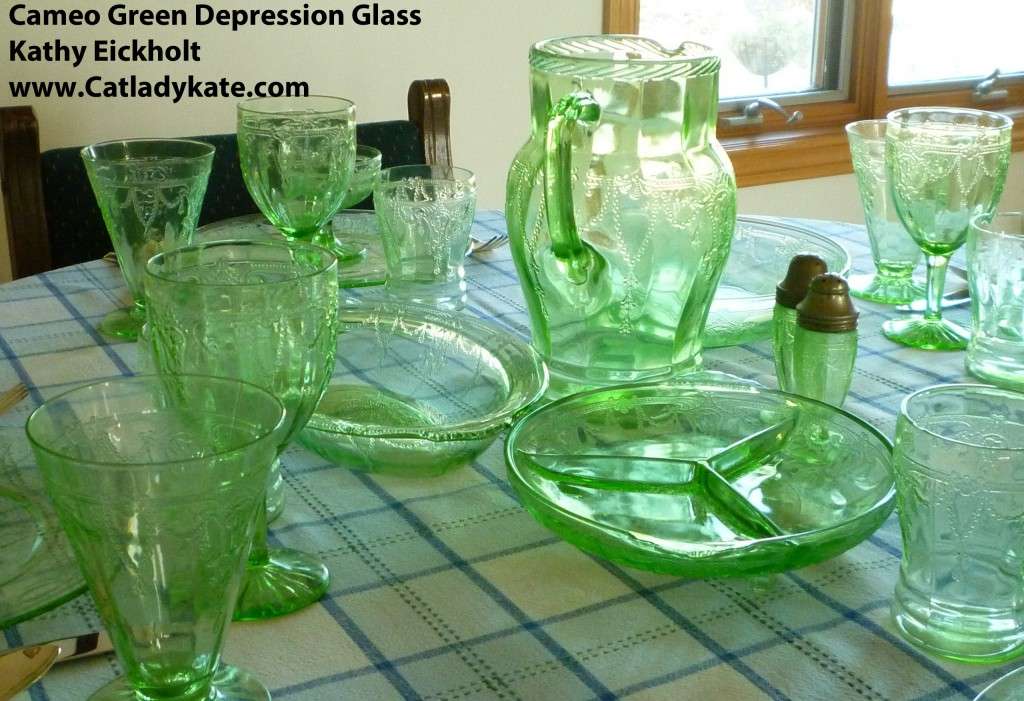 Cameo Green Depression Glass Tablescape with Dinner Plates, Tumblers, Goble...